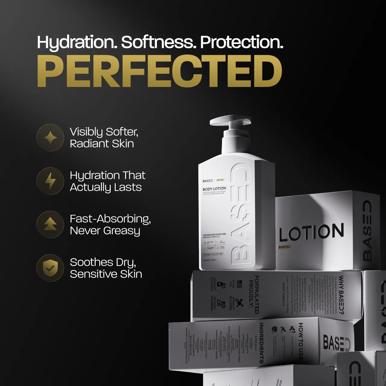 BASED hydrating lotion key ingredients — men's body lotion